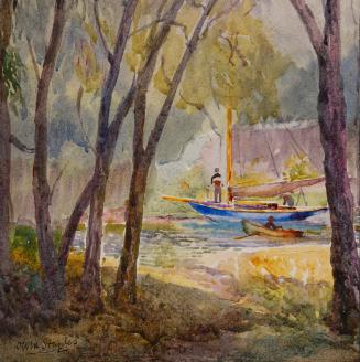 Three people in two small boats on a pond surrounded by trees.