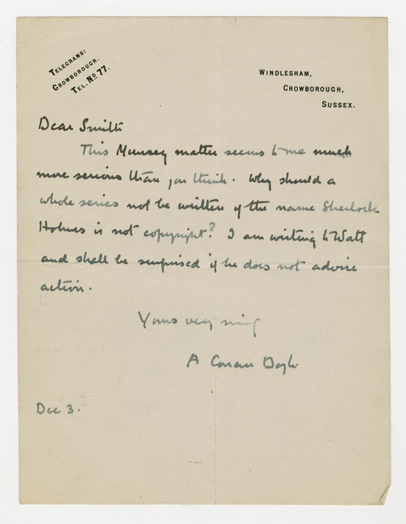 Manuscript letter in Arthur Conan Doyle's handwriting. 