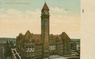 Colorized photograph of a large Richardsonian Romanesque building with a central clock tower.