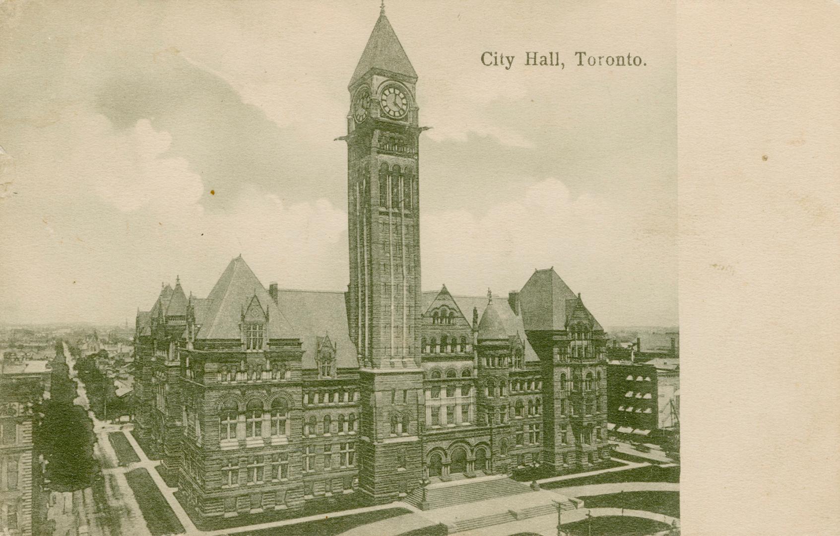 Black and white photograph of a large Richardsonian Romanesque building with a central clock to…