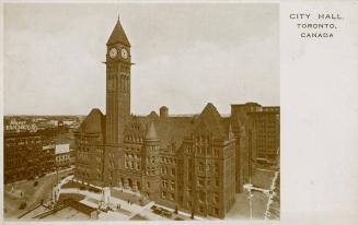 Black and white photograph of a large Richardsonian Romanesque building with a central clock to…