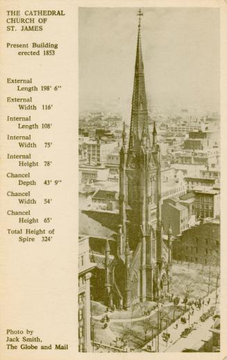 Picture of large cathedral church with border on left with measurements of building. 