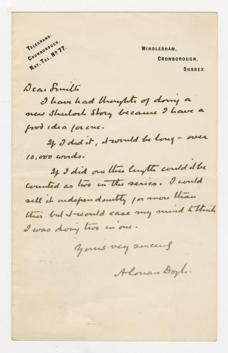 Manuscript letter in Arthur Conan Doyle's handwriting. 