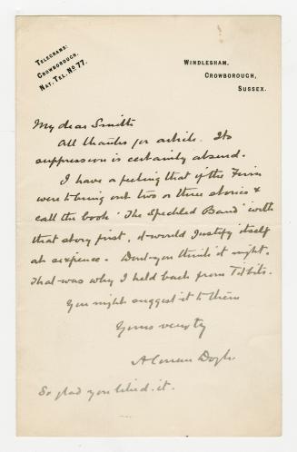 Manuscript letter in Arthur Conan Doyle's handwriting. 