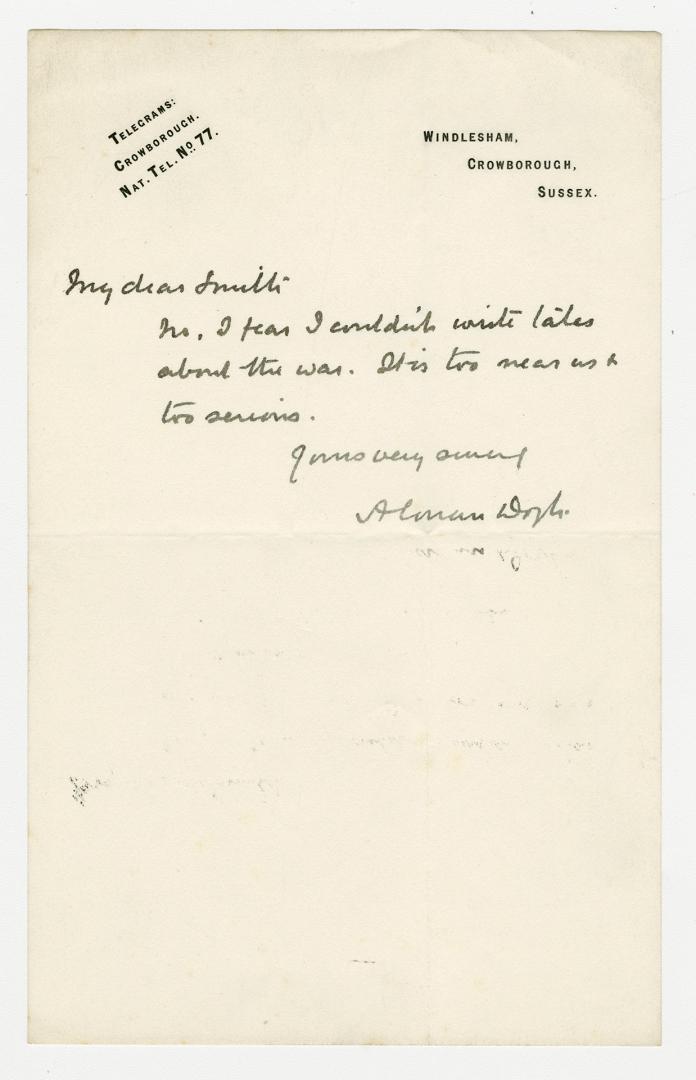 Manuscript letter in Arthur Conan Doyle's handwriting. 