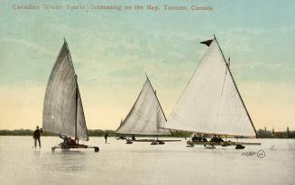 Colorized photograph of three ice boats on a frozen lake.