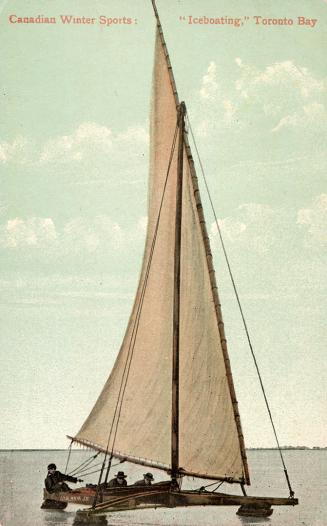 Colorized photograph of three men in an ice boat on a frozen lake.