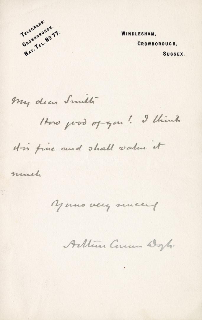 Manuscript letter in Arthur Conan Doyle's handwriting. 