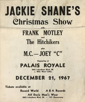 A textual poster promoting Jackie Shane's Christmas Show, with Frank Motley and the Hitchikers …