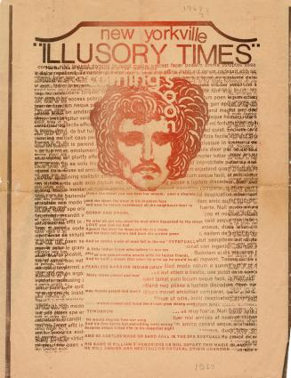 A poster titled "new yorkville ILLUSORY TIMES - coming soon" with an illustration of a man's he…