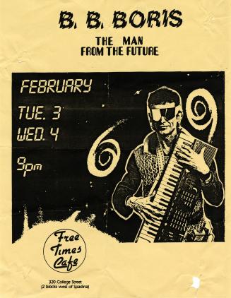 The poster includes a photograph of a man wearing wraparound sunglasses and holding a synthesiz…