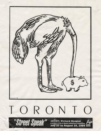 The poster includes an illustration of an ostrich with its head inside a piggy bank with a doll…