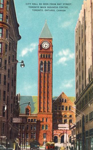 Colorized photograph of a large Ricardsonian Romanesque building with a central clock tower at …