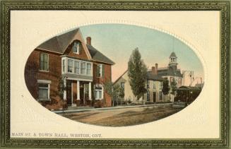 Colorized photograph of a city street in a residential area. Oval set inside a white frame.