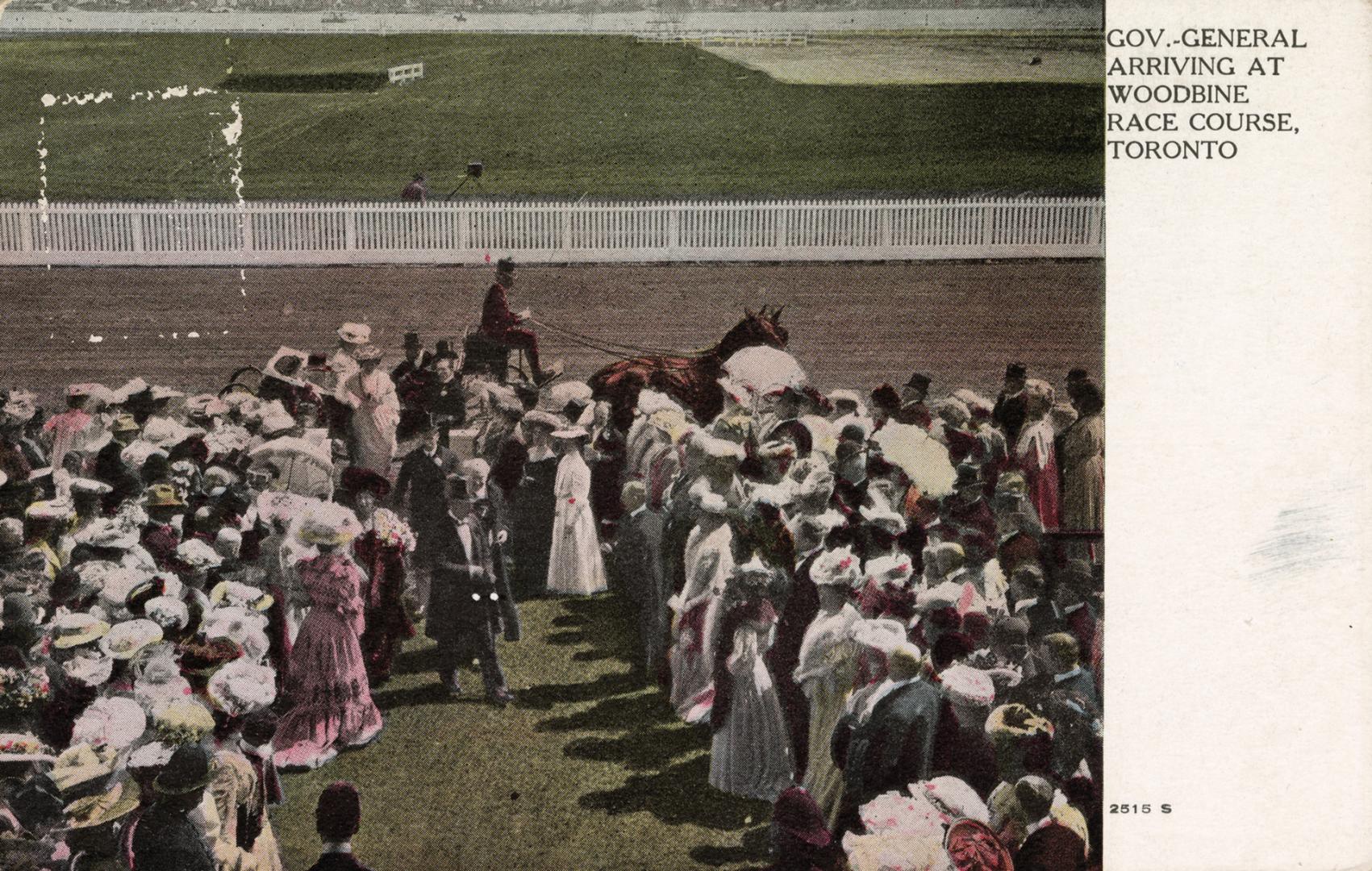 Group of people greeting Governor General at the race track. 