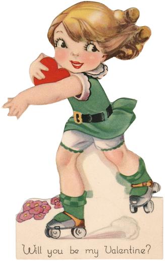 A die-cut card. A girl in a green dress and roller skates smiles as she whizzes by. She is hold…