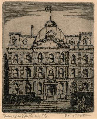 An etching of a four-story post office, with a road, vehicles and pedestrians in front of it. T…