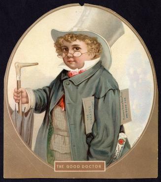 Colour trade card advertisement depicting an illustration of a young, male doctor holding an um…