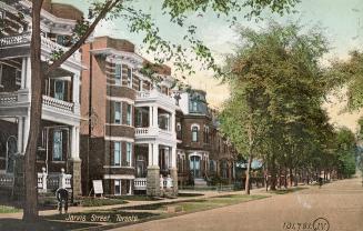 Colorized picture of two, three story apartment buildings on a street lined with luxury buildin…