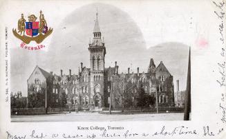 Black and white photograph of a gothic school building with a central tower. Shield in the top …