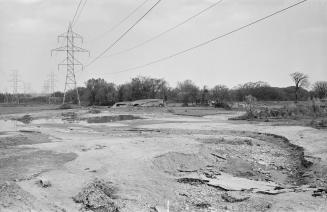 A photograph of a riverbank, with an electrical tower in the background and wires stretching aw…