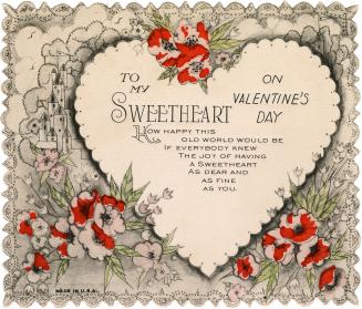 The centre of the card contains a verse, framed by a heart. The rest of the card depicts flower…