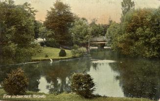 Colour postcard of a creek and park area with a bridge in the distance. The caption on the bott…