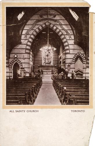 Black and white postcard of All Saints' Church interior view. The back postage area states, " P…