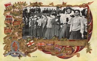 Colour postcard of a line up of women getting ready to start a race. The photo of the women is  ...