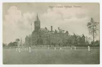 Black/white postcard depicting the main building and lawns at Upper Canada College in Toronto.  ...