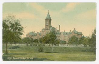 Colour postcard depicting the main building and lawns at Upper Canada College in Toronto. Capti…