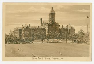 Sepia-toned postcard depicting the main building at Upper Canada College in Toronto. Caption st…