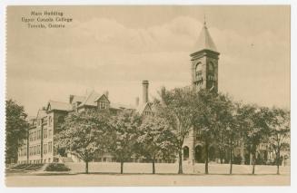 Sepia-toned postcard depicting the main building and tower at Upper Canada College in Toronto. …