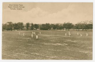 Sepia-toned postcard depicting the cricket team at Upper Canada College in Toronto. Caption sta…