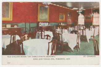 Colorized photograph of a formal hotel dining room.