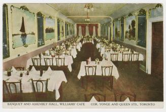 Colorized photograph of a formal hotel dining room.