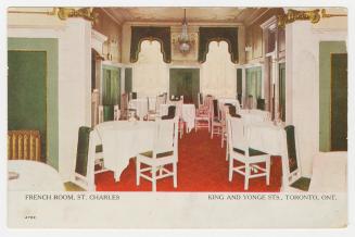 Colorized photograph of a formal hotel dining room.