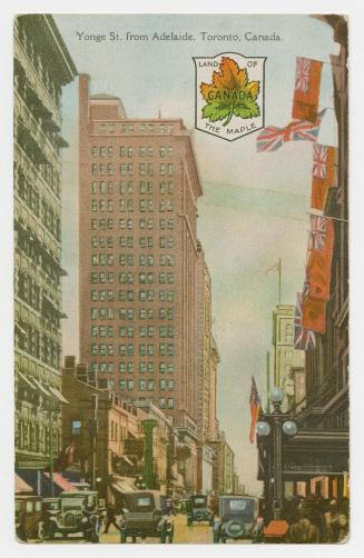 Colorized photograph a busy downtown street with skyscrapers.