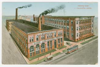 Drawing of large factory buildings. 