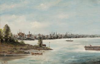 A painting of a harbour, with a city skyline in the background across a body of water. There is…