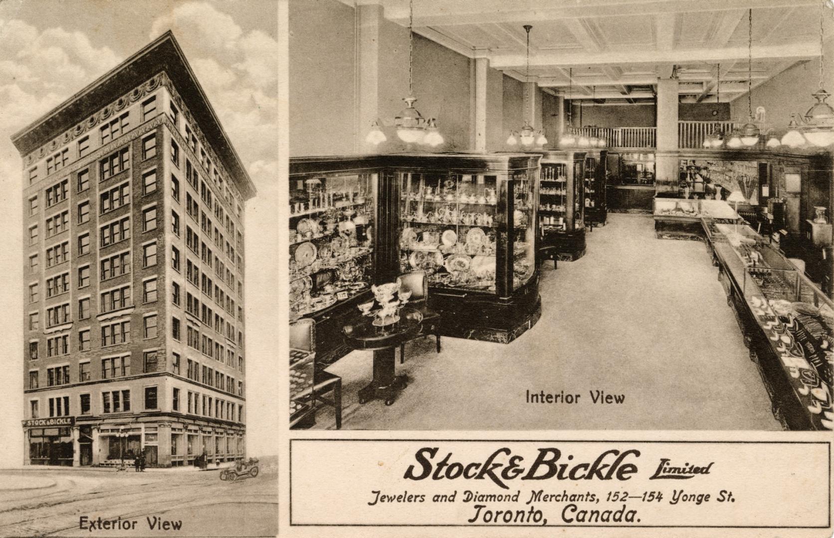 Sepia toned photograph of a of a ten story skyscraper and the interior of a elegant jewelry sto…