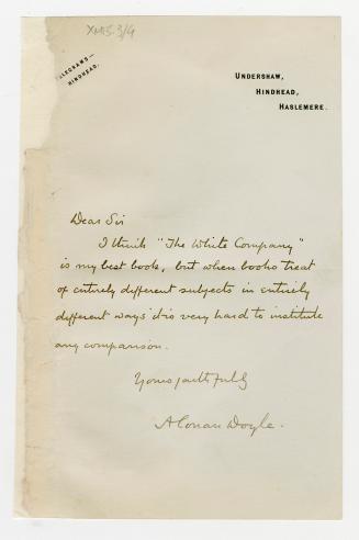 Manuscript letter in Arthur Conan Doyle's handwriting. 