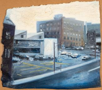 A painting of an urban intersection, with a parking lot, telephone poles and multi-story buildi…