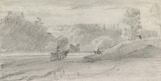 A drawing of a river, with hills and trees on both sides and a person on a wagon being pulled b…