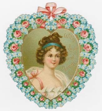 A portrait of a woman in the centre of a heart decorated with blue and pink flowers. A pink bow…