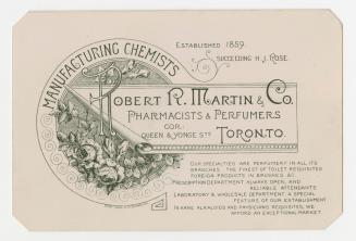 B/w trade card advertisement on cream-coloured cardstock with text and seal stating, "Robert R.…