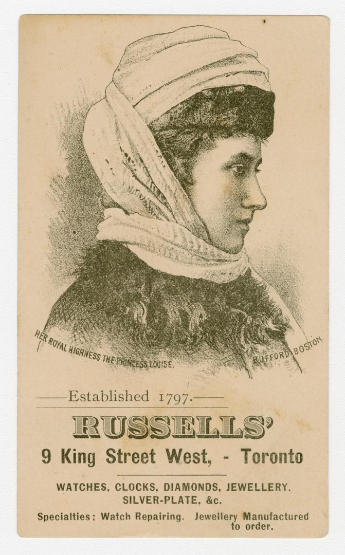 B/W trade card advertisement depicting an illustration of Her Royal Highness The Princess Louis…