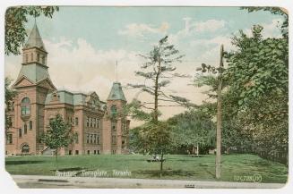 Colorized photograph of a large, building with two towers built in a Romanesque style.