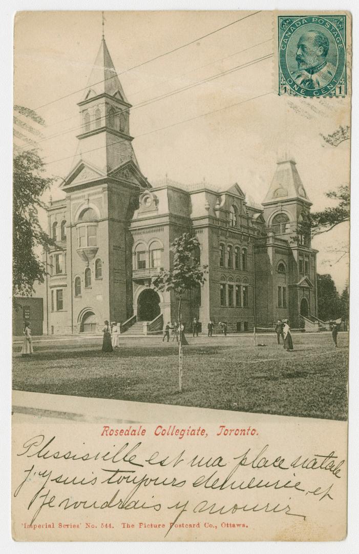 Black and white of a large, building with two towers built in a Romanesque style.