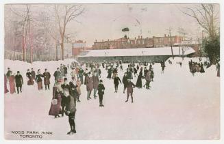 Crowd skating on outdoor rink. 